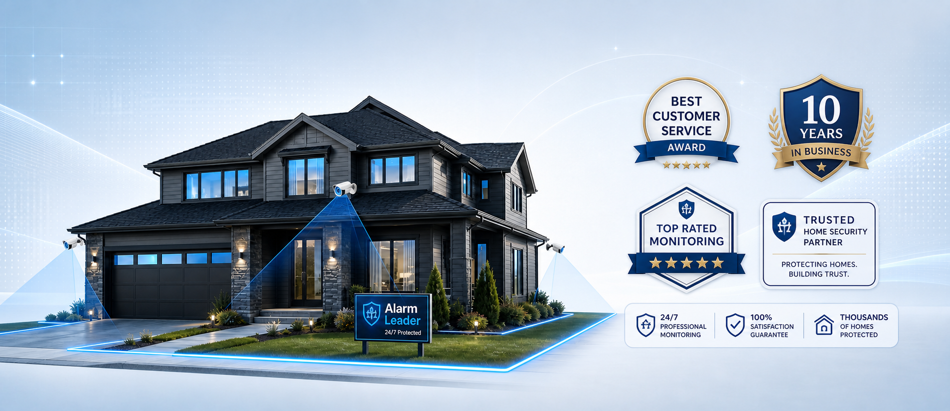 Alarm Leader smart home with perimeter cameras, blue security lighting, and award badges in a wide banner hero scene